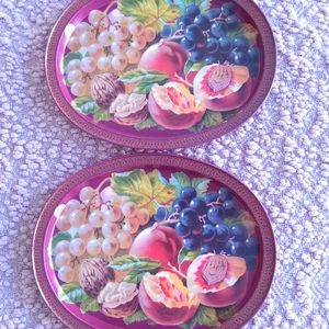 2 Vintage Indecco Fruits Metal Cottagecore Grandmacore Tray Made in USA
